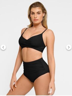 Popilush High-Waist Ruched Black Bikini Set - Top/Medium Bottom/Large
